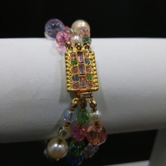 Vintage Beaded Crystal Bracelet, 3 Strands, Graziano Pastel Crystal Beads, 8 In. - Picture 11 of 11